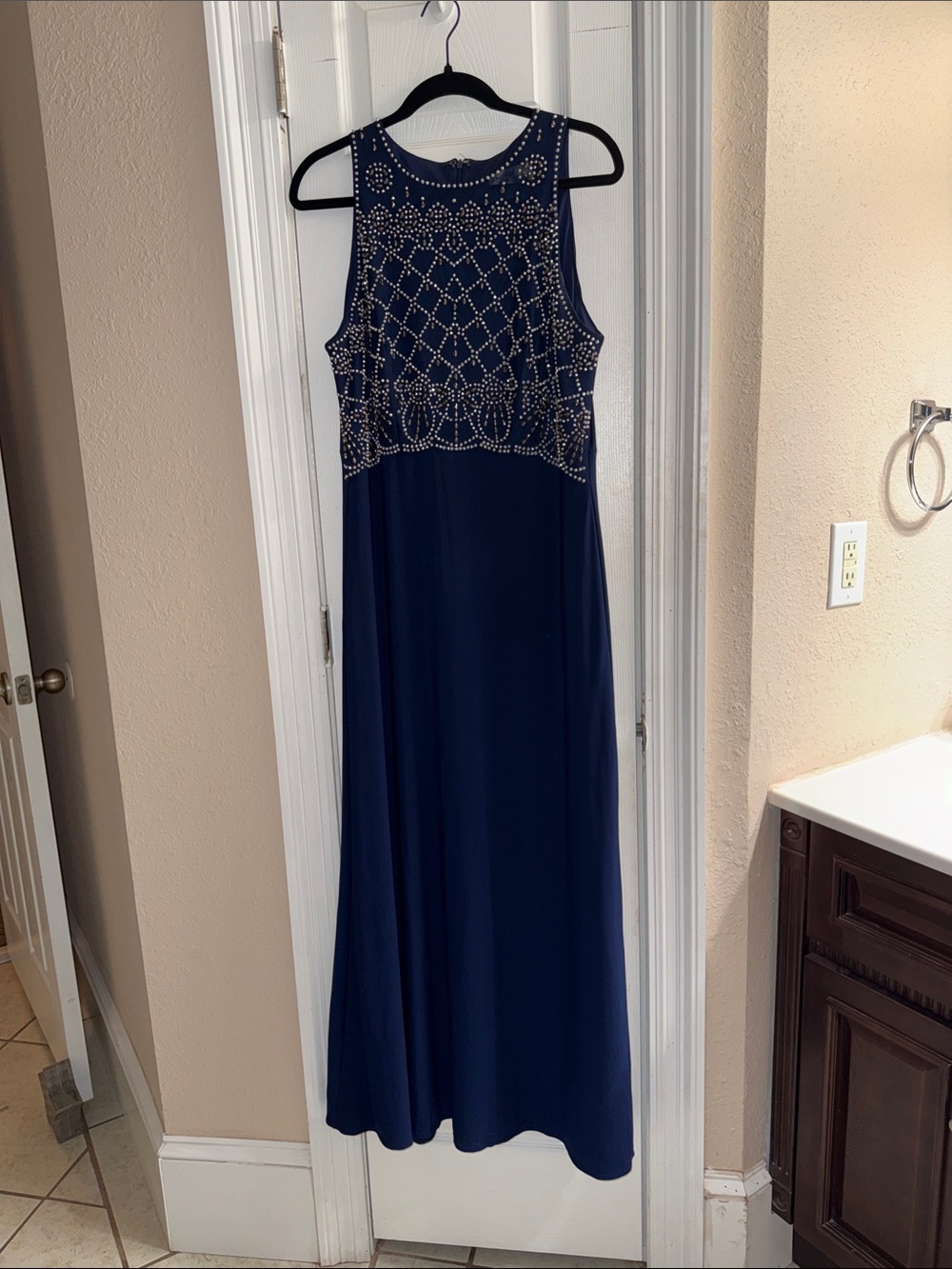 Navy Beaded High-Neck Gown